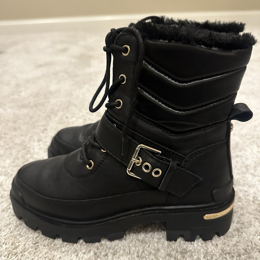 Aldo Alpa Fuzzy Combat Boots Black Women's Waterproof Comfort Size 6